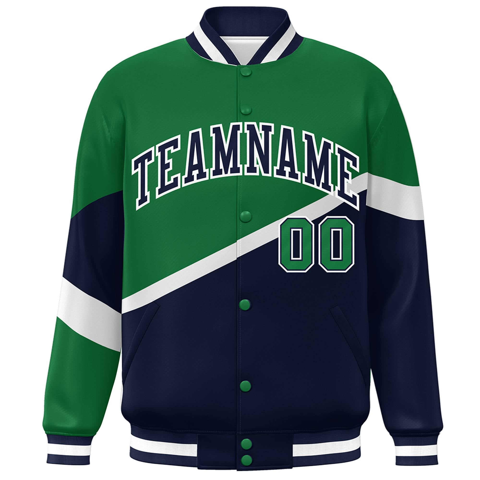 Custom Kelly Green Navy-White Color Block Bomber Varsity Baseball Jacket