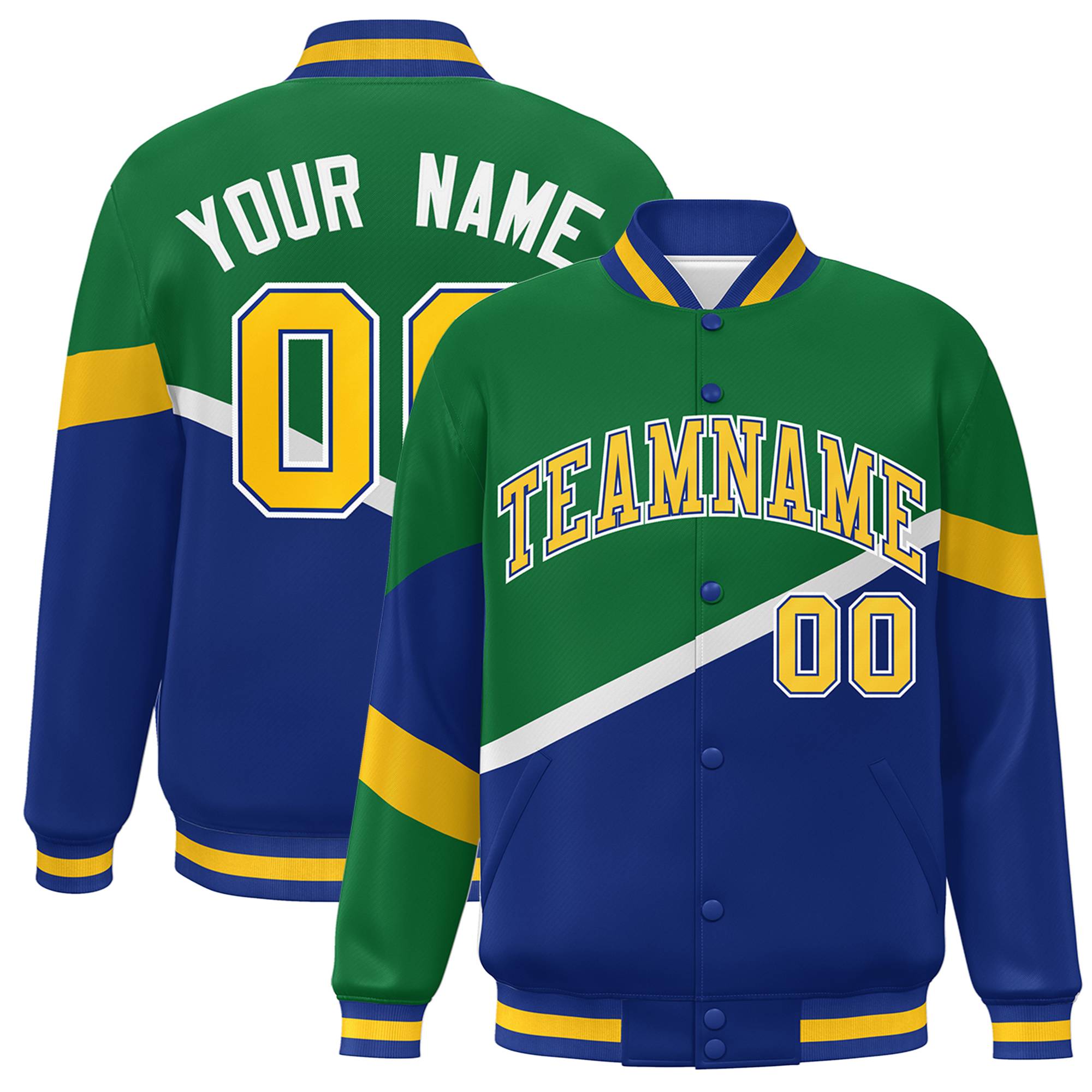 Custom Kelly Green Royal Gold-Royal Color Block Bomber Varsity Baseball Jacket