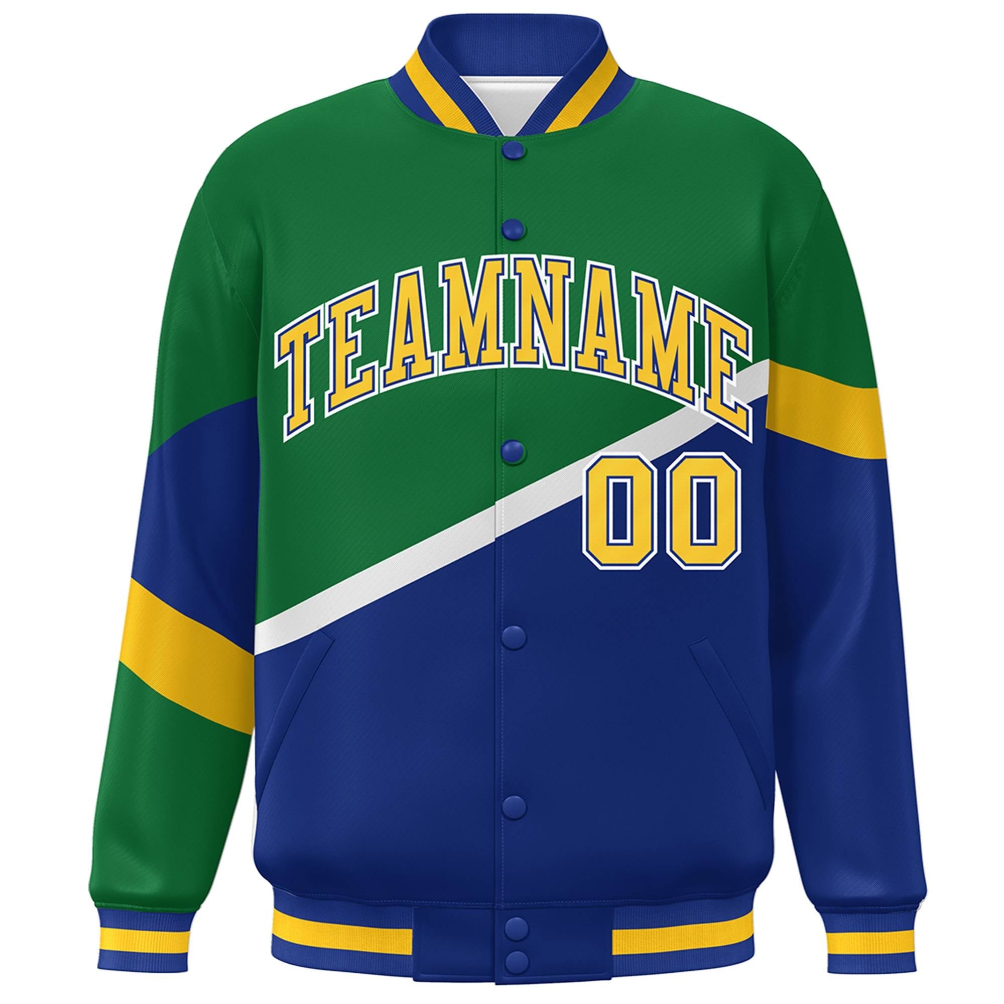 Custom Kelly Green Royal Gold-Royal Color Block Bomber Varsity Baseball Jacket