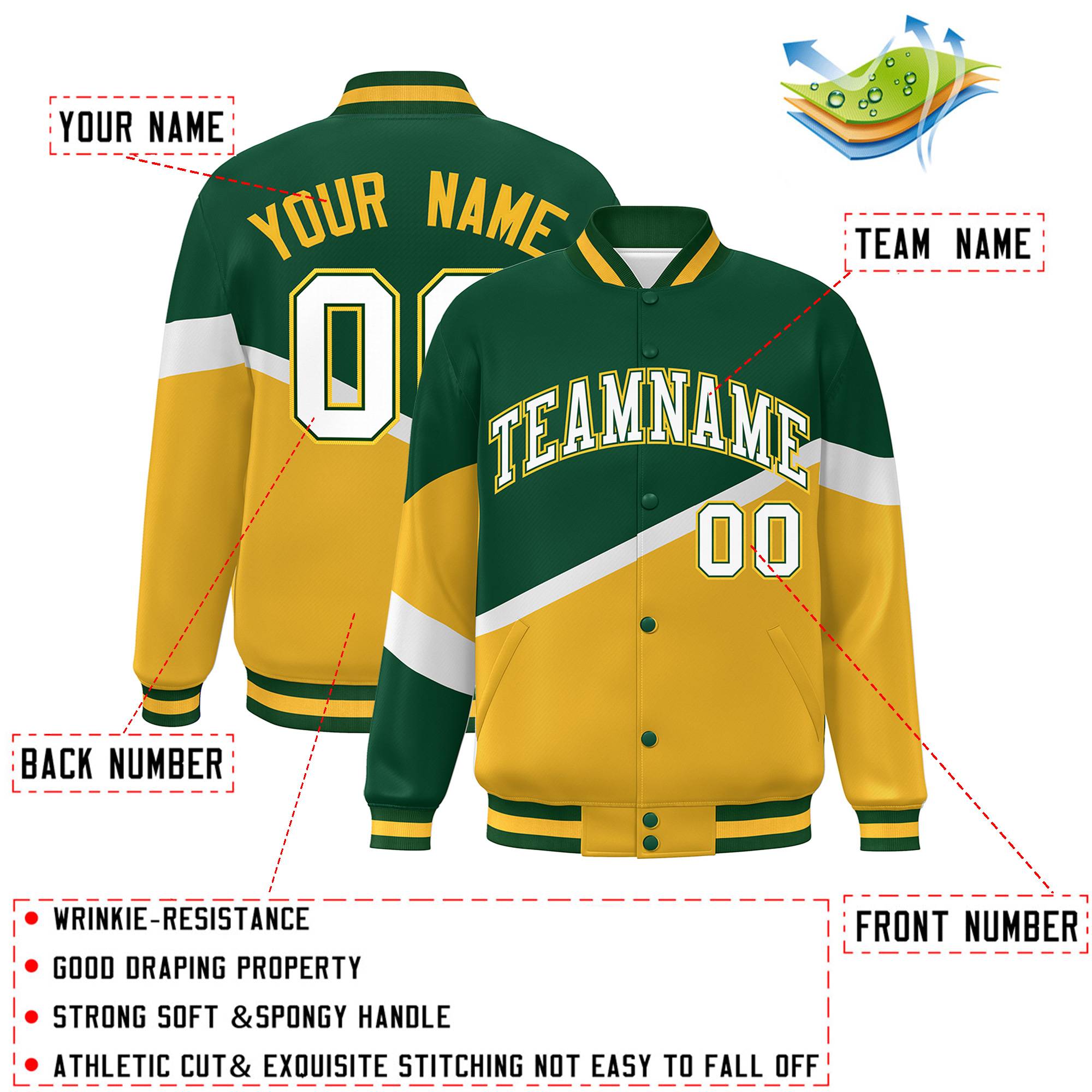 Custom Green Gold White-Green Color Block Bomber Varsity Baseball Jacket