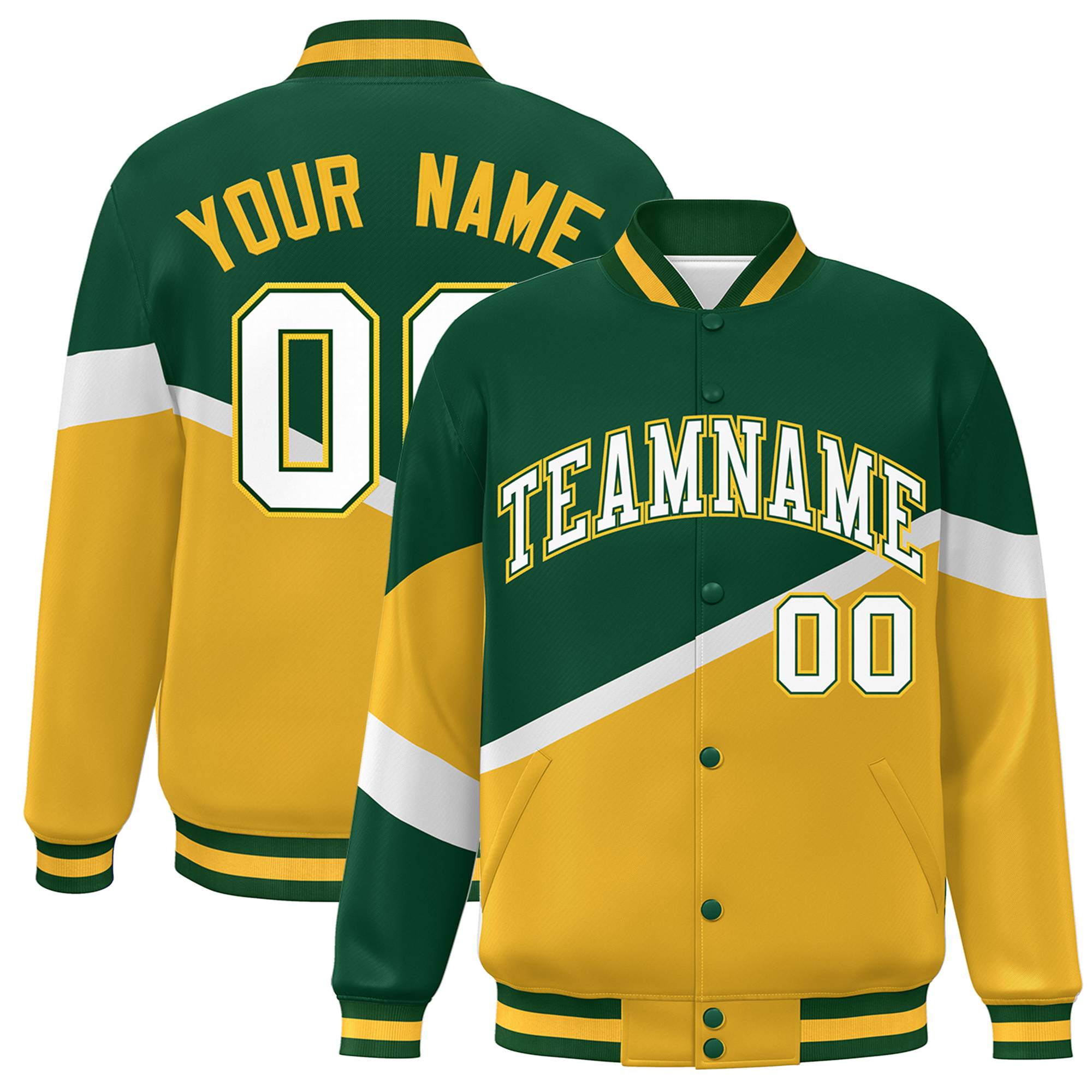 Custom Green Gold White-Green Color Block Bomber Varsity Baseball Jacket