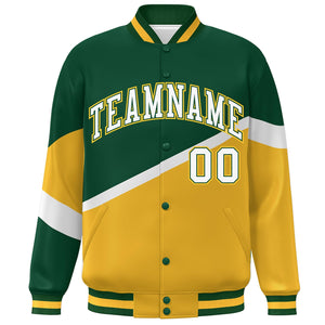 Custom Green Gold White-Green Color Block Bomber Varsity Baseball Jacket