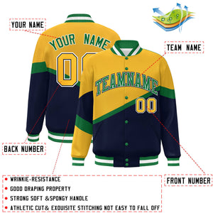 Custom Gold Navy Kelly Green-White Color Block Bomber Varsity Baseball Jacket