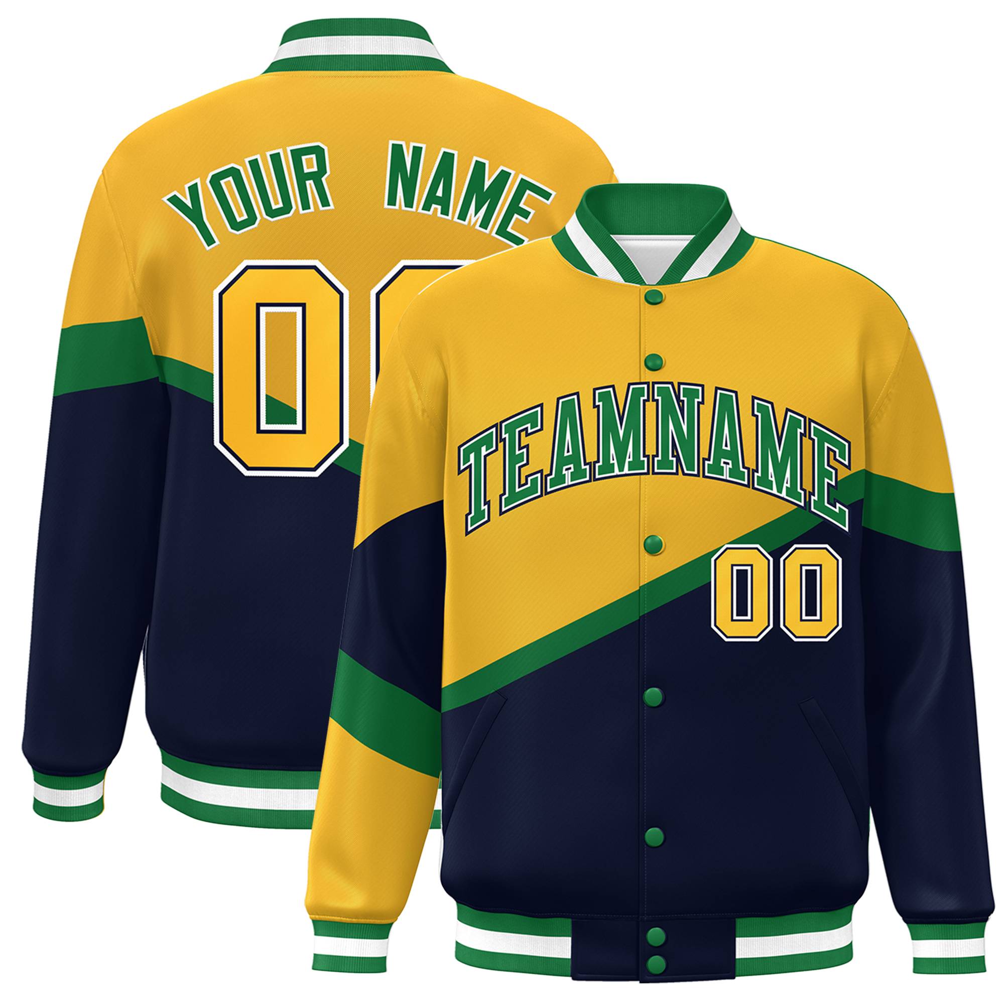 Custom Gold Navy Kelly Green-White Color Block Bomber Varsity Baseball Jacket