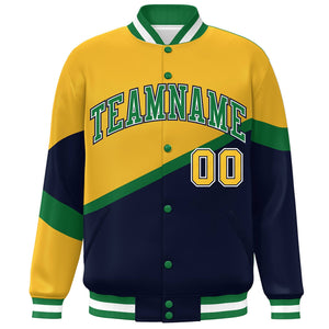 Custom Gold Navy Kelly Green-White Color Block Bomber Varsity Baseball Jacket