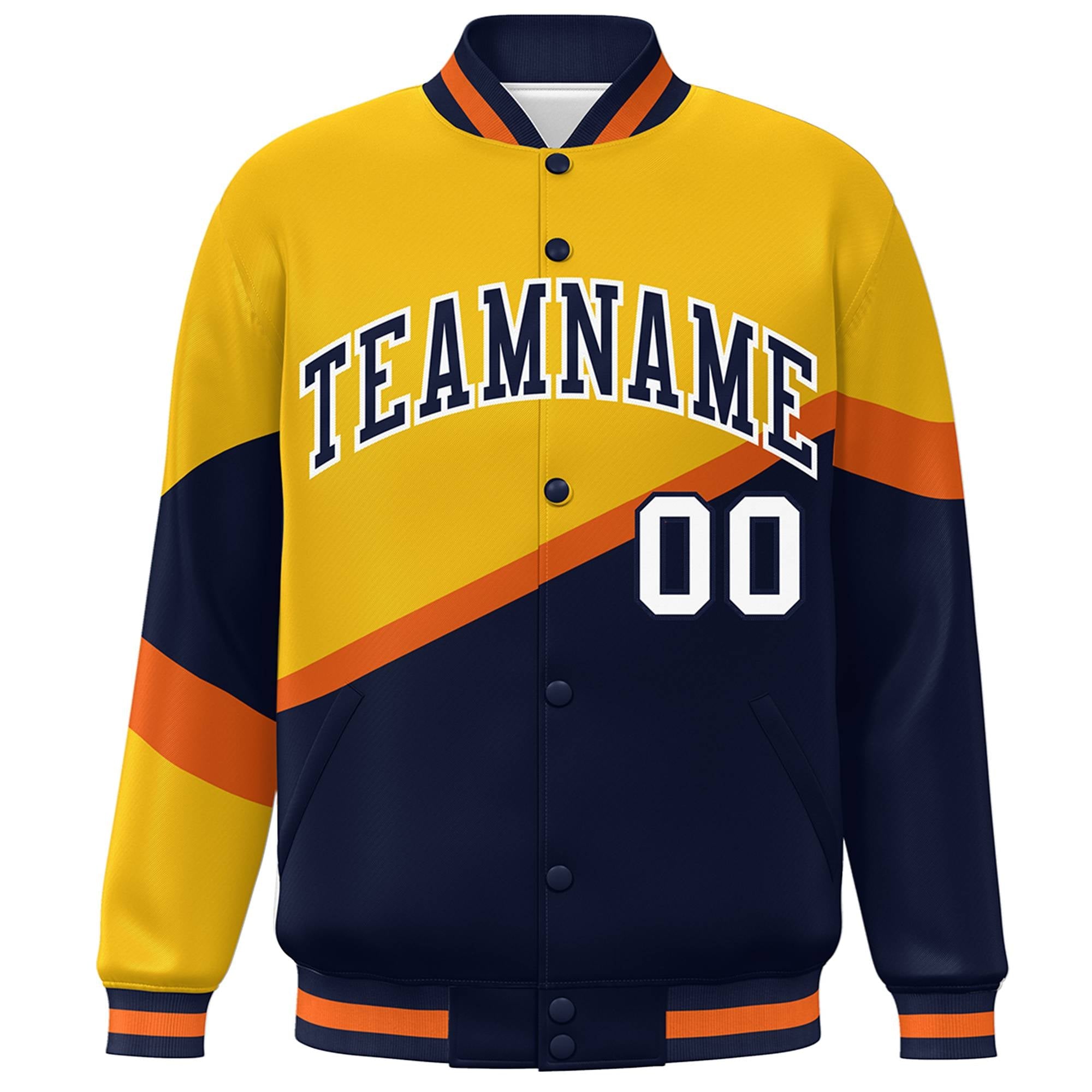 Custom Gold Navy-White Color Block Bomber Varsity Baseball Jacket