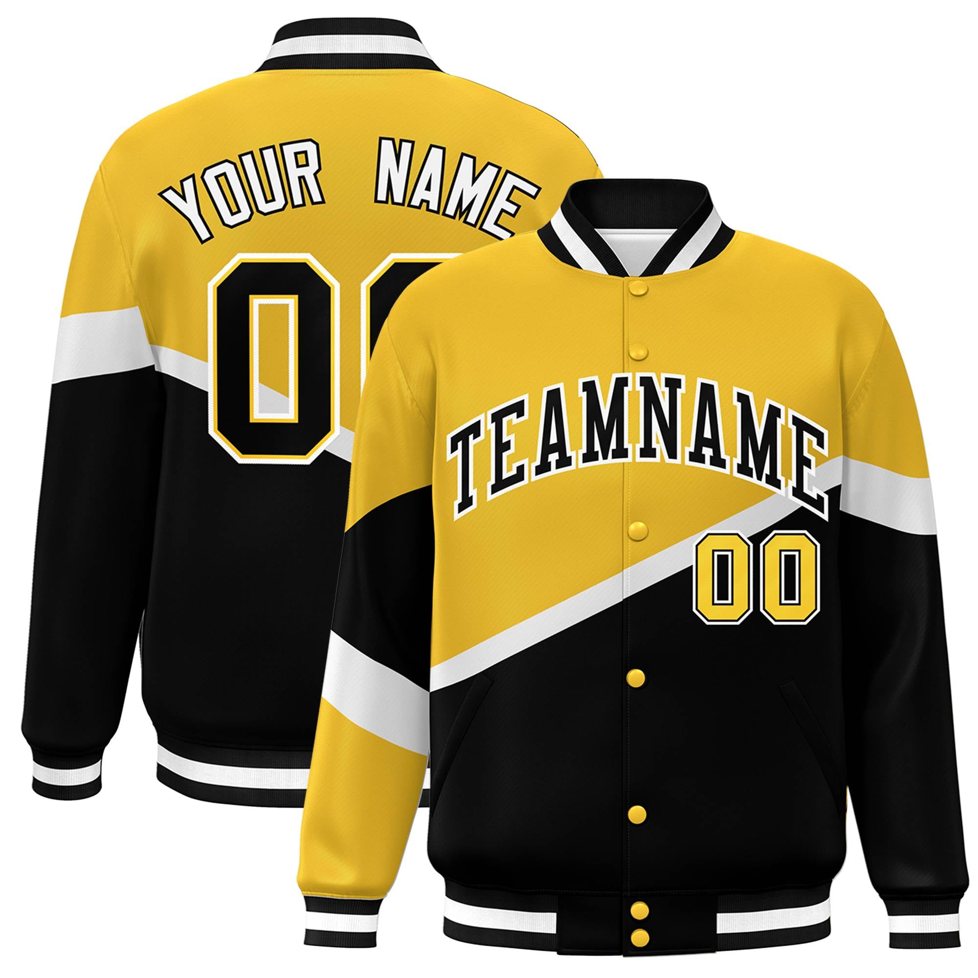 Custom Gold Black-White Color Block Bomber Varsity Baseball Jacket