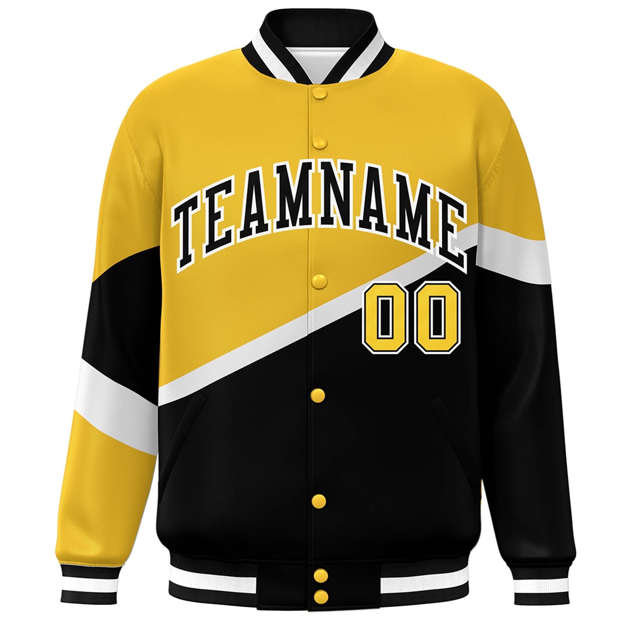 Custom Gold Black-White Color Block Bomber Varsity Baseball Jacket