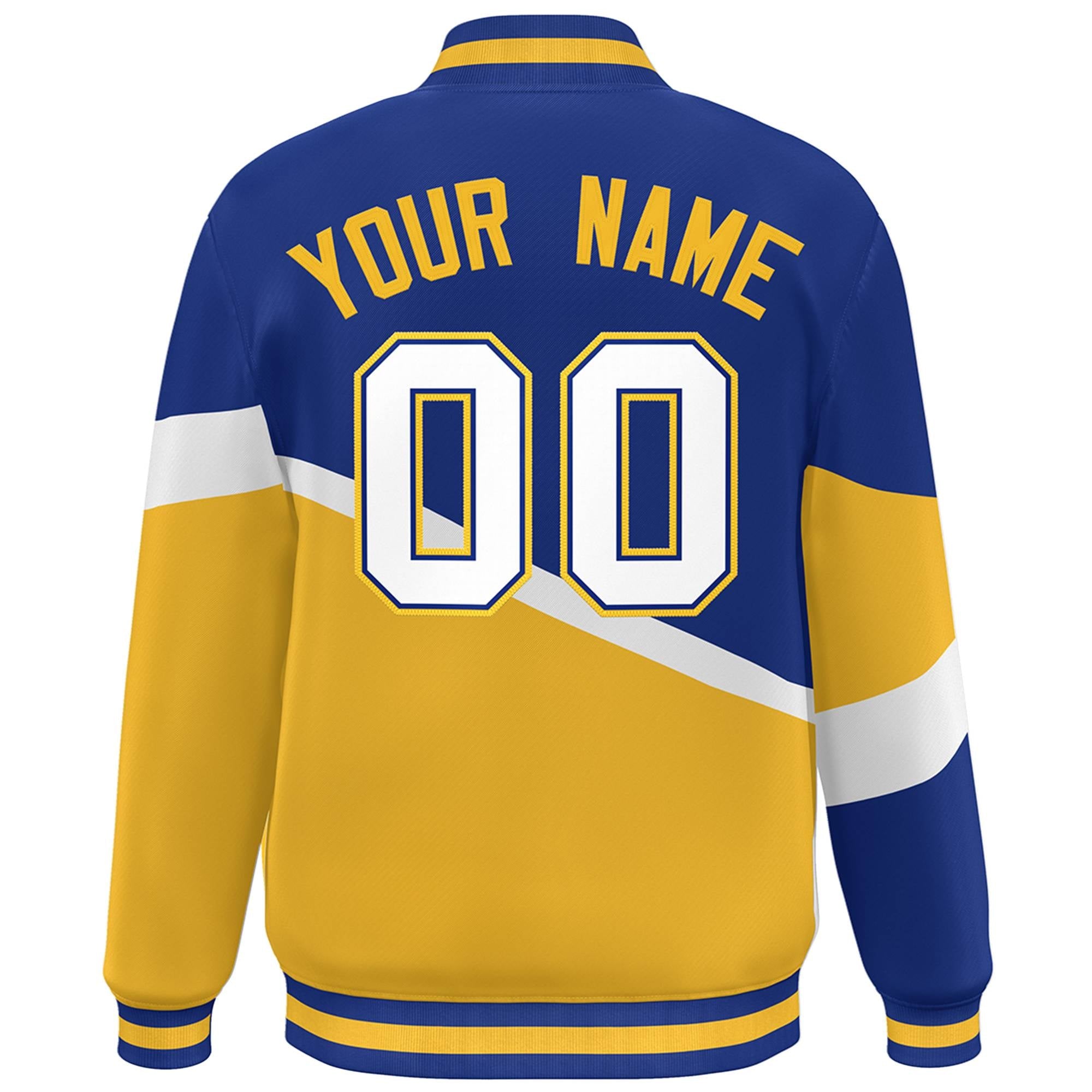 Custom Royal Gold White-Royal Color Block Bomber Varsity Baseball Jacket