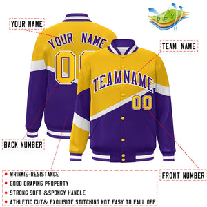 Custom Gold Purple-White Color Block Bomber Varsity Baseball Jacket