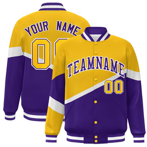 Custom Gold Purple-White Color Block Bomber Varsity Baseball Jacket