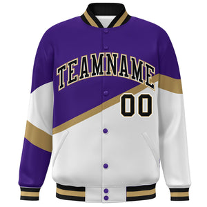 Custom Purple White Black-White Color Block Bomber Varsity Baseball Jacket