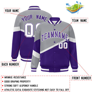 Custom Gray Purple-White Color Block Bomber Varsity Baseball Jacket