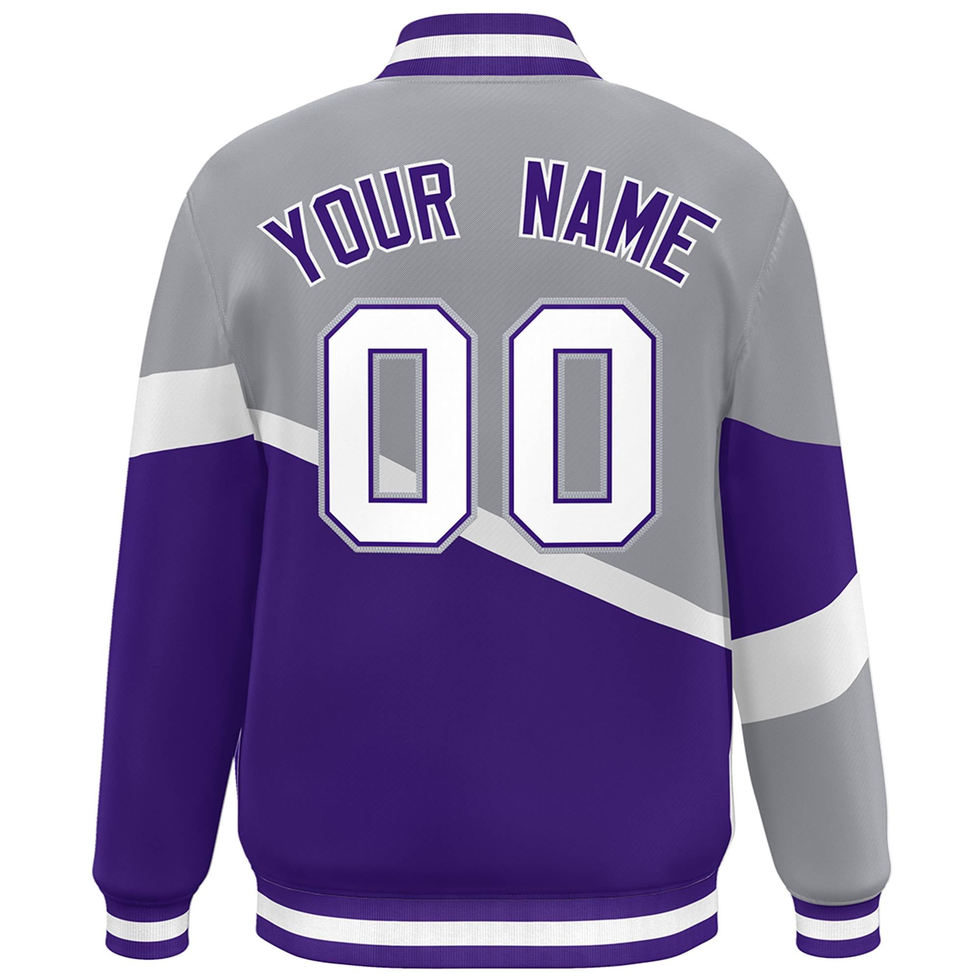 Custom Gray Purple-White Color Block Bomber Varsity Baseball Jacket