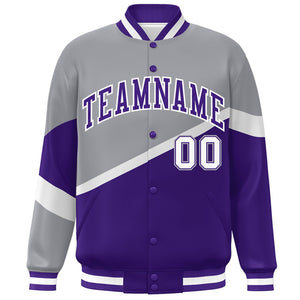 Custom Gray Purple-White Color Block Bomber Varsity Baseball Jacket