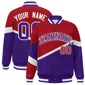 Custom Red Purple-White Color Block Bomber Varsity Baseball Jacket