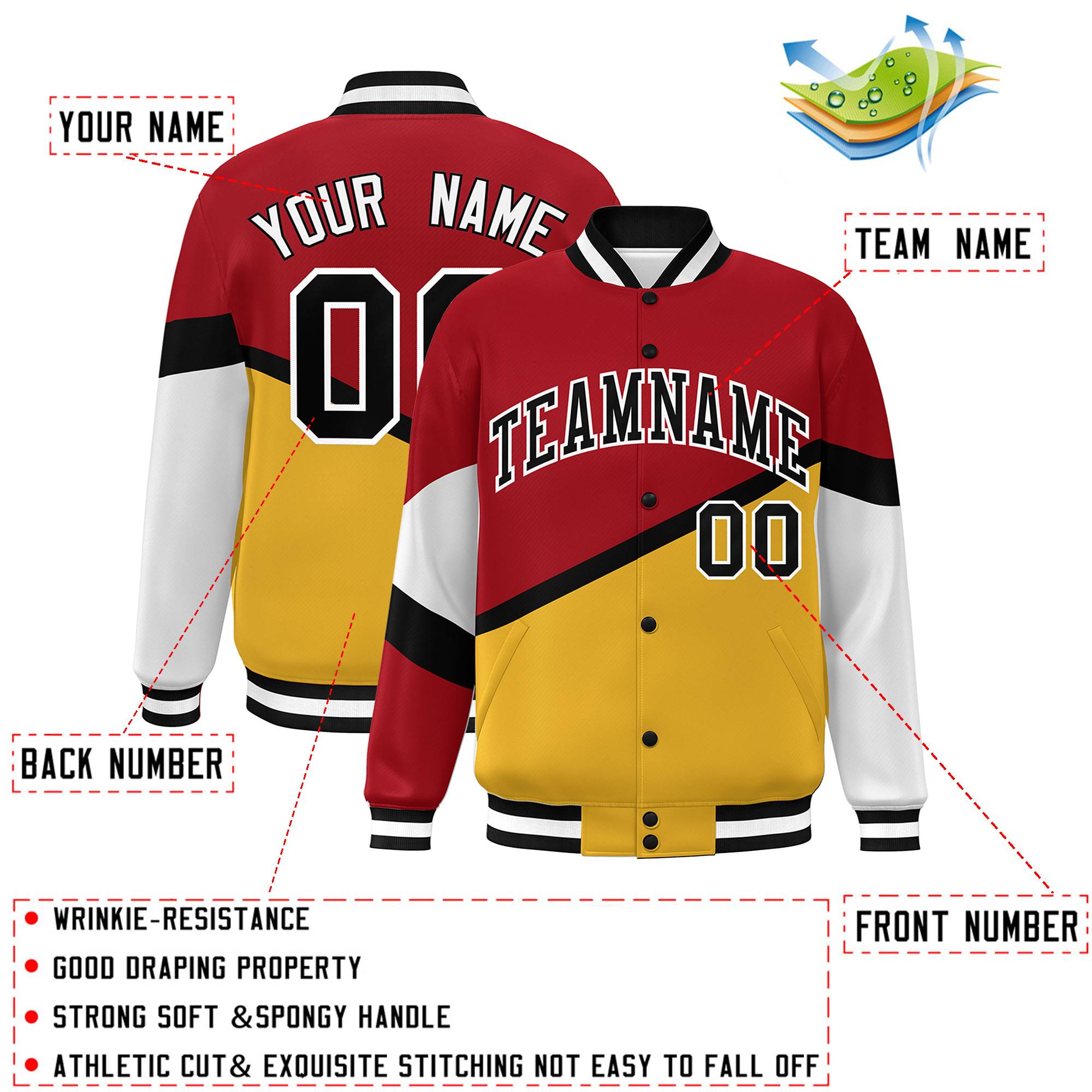 Custom Red Gold Black-White Color Block Bomber Varsity Baseball Jacket