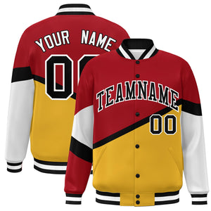 Custom Red Gold Black-White Color Block Bomber Varsity Baseball Jacket