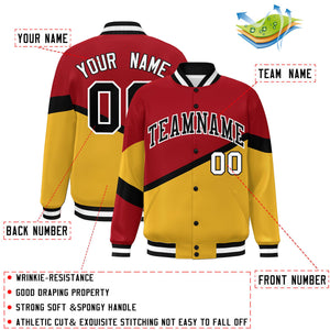 Custom Red Gold Black-White Color Block Bomber Varsity Baseball Jacket