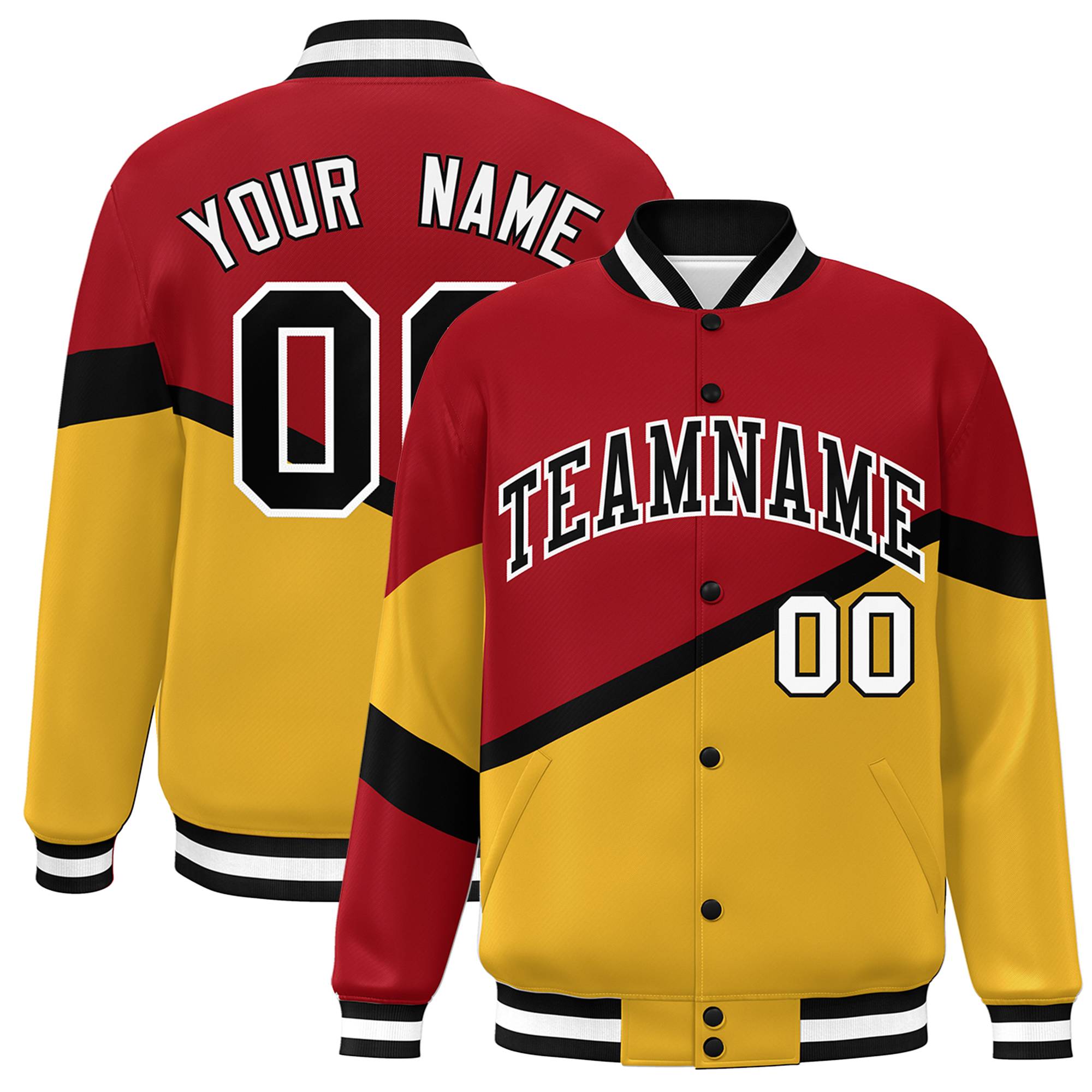 Custom Red Gold Black-White Color Block Bomber Varsity Baseball Jacket