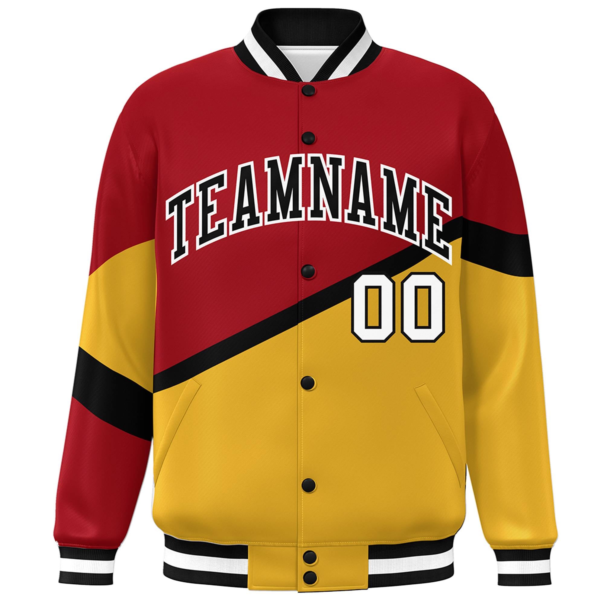 Custom Red Gold Black-White Color Block Bomber Varsity Baseball Jacket