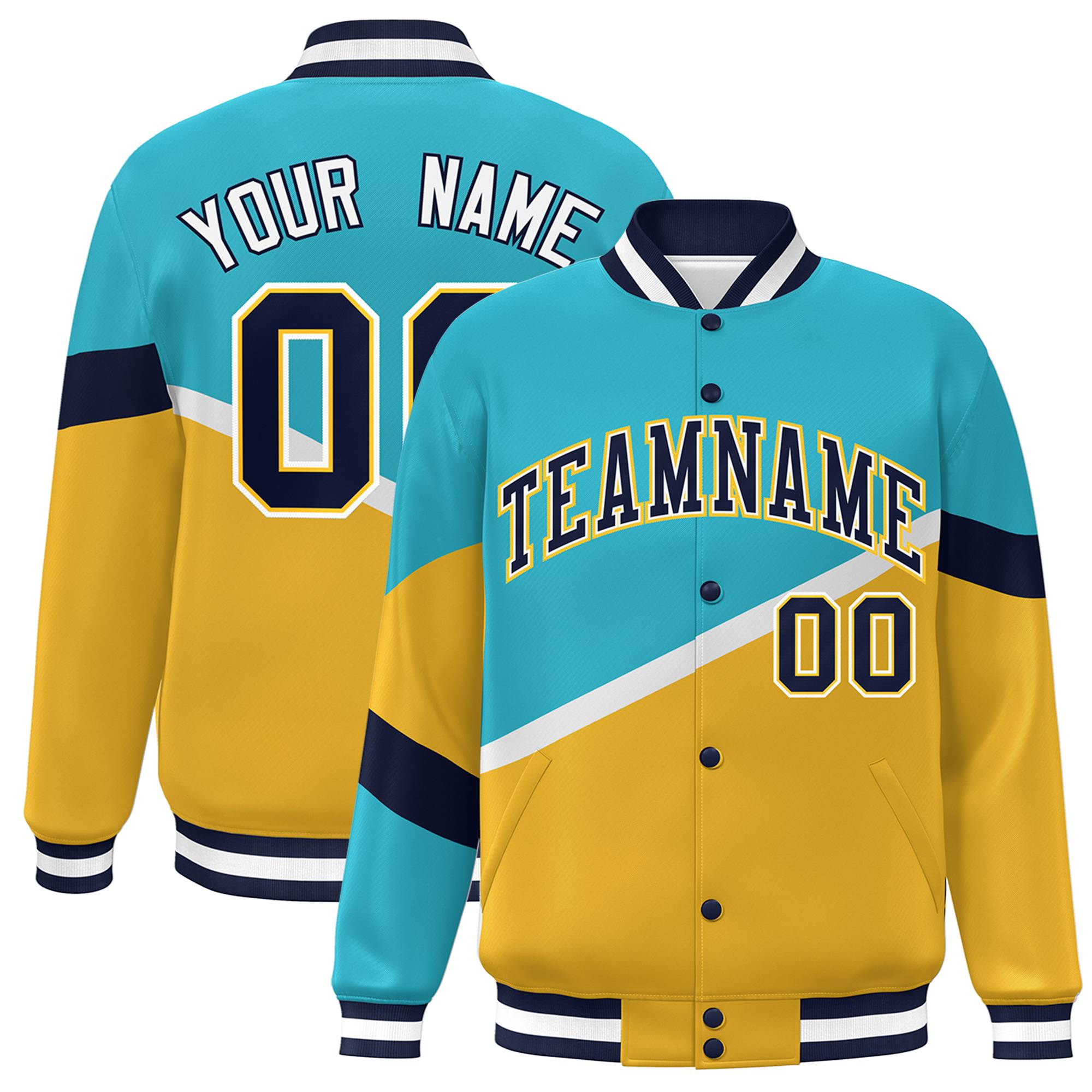 Custom Light Blue Gold Navy-White Color Block Bomber Varsity Baseball Jacket