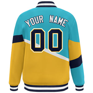 Custom Light Blue Gold Navy-White Color Block Bomber Varsity Baseball Jacket