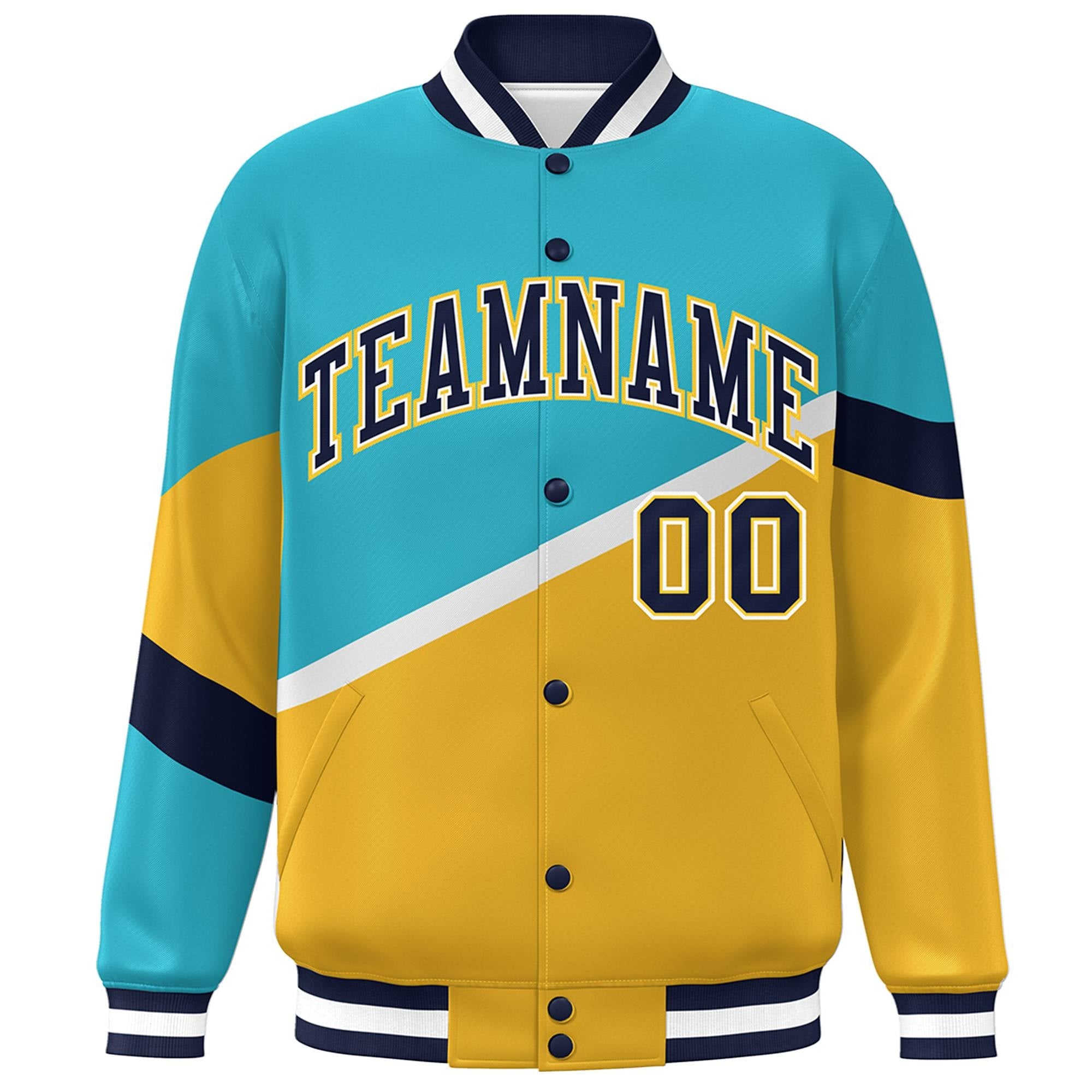 Custom Light Blue Gold Navy-White Color Block Bomber Varsity Baseball Jacket