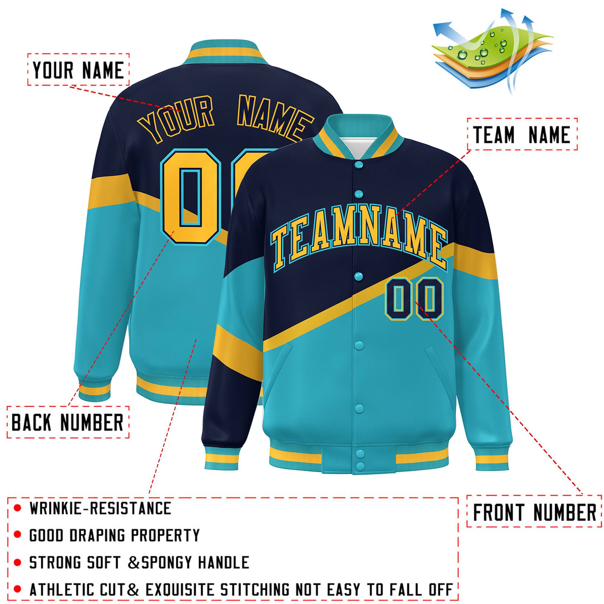 Custom Navy Light Blue Gold-Navy Color Block Bomber Varsity Baseball Jacket