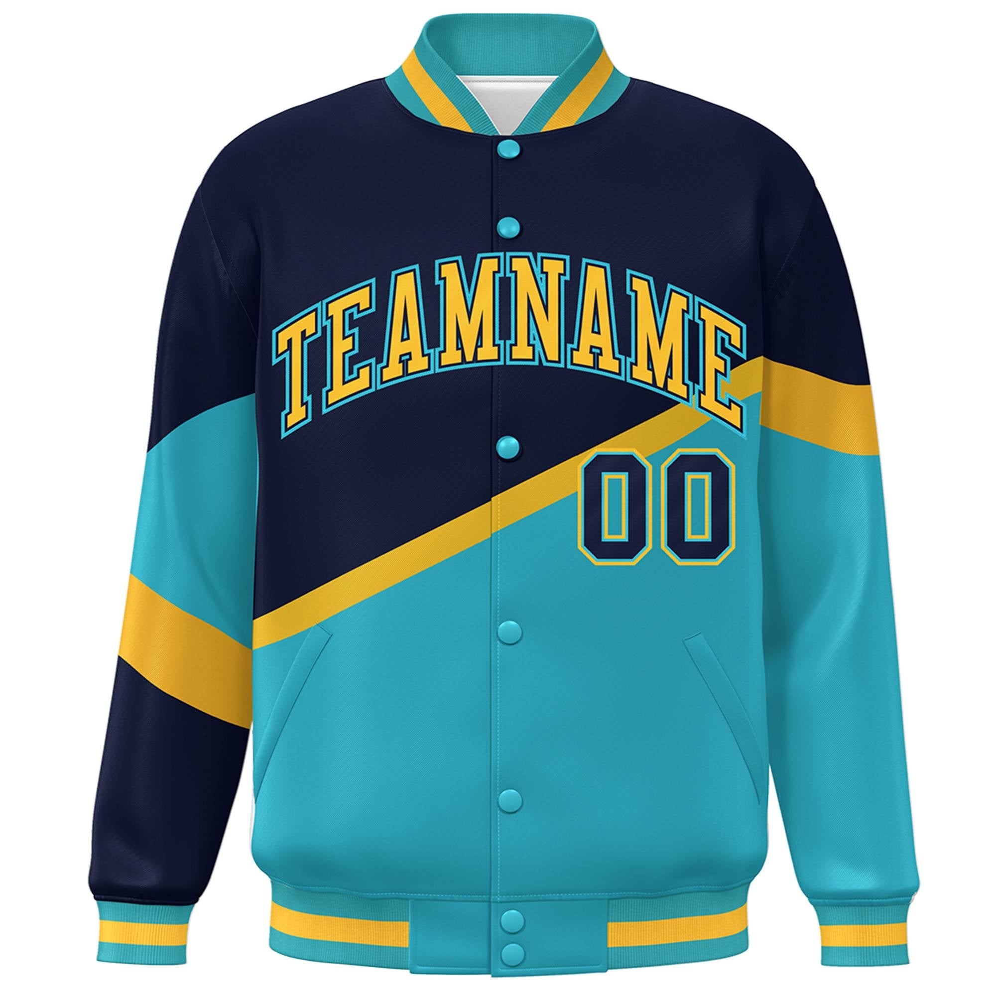 Custom Navy Light Blue Gold-Navy Color Block Bomber Varsity Baseball Jacket