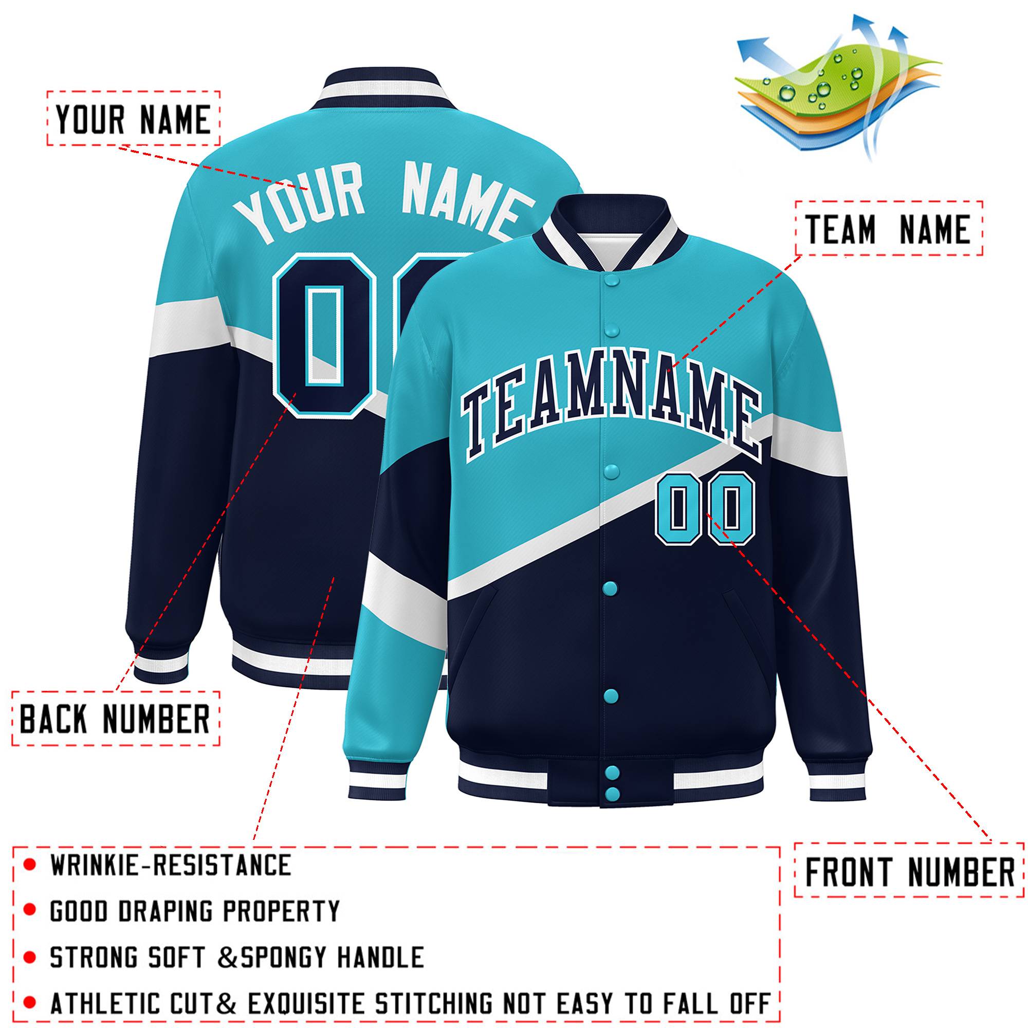 Custom Light Blue Navy-White Color Block Bomber Varsity Baseball Jacket