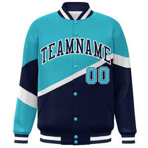 Custom Light Blue Navy-White Color Block Bomber Varsity Baseball Jacket