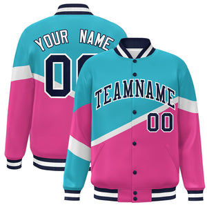 Custom Light Blue Pink Navy-White Color Block Bomber Varsity Baseball Jacket