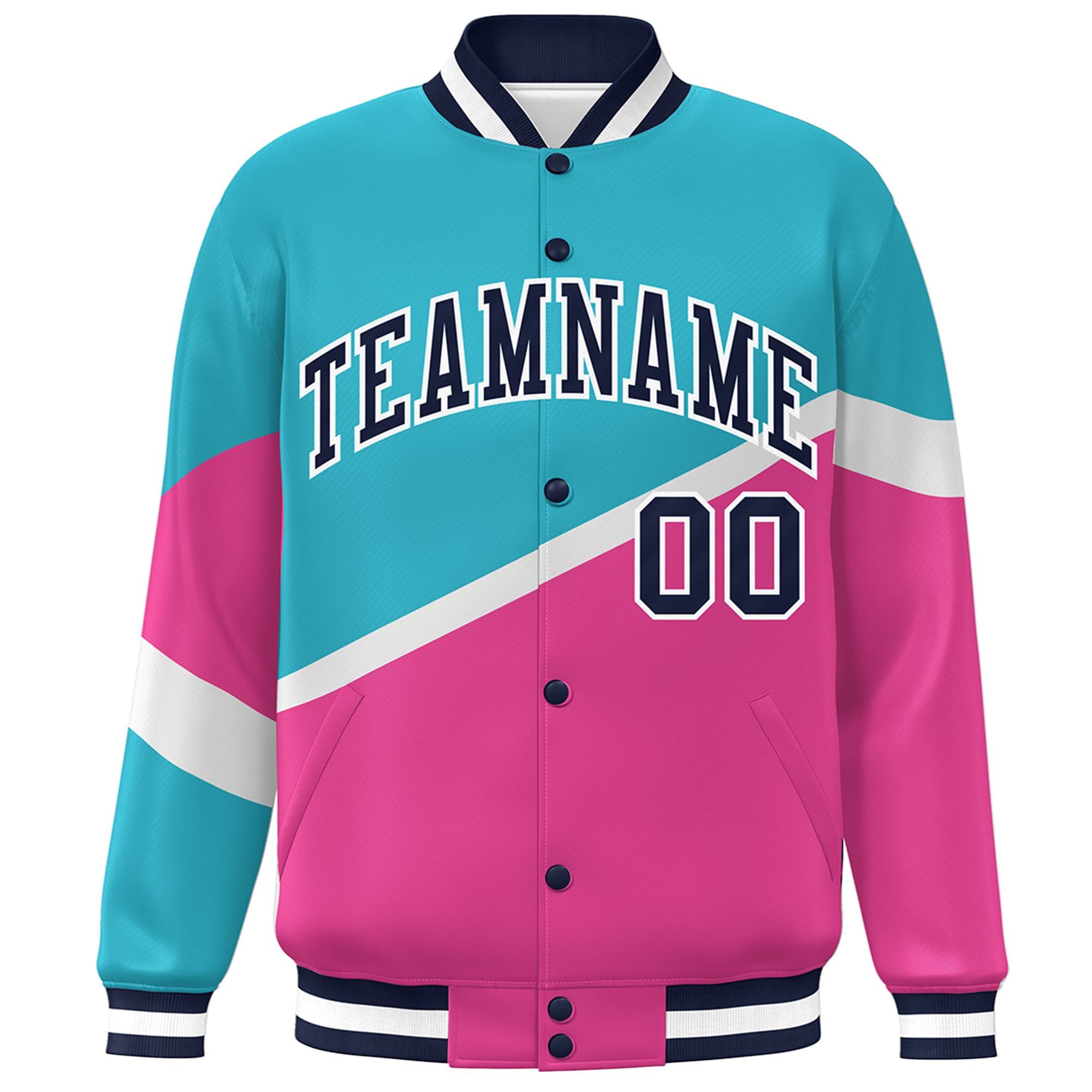 Custom Light Blue Pink Navy-White Color Block Bomber Varsity Baseball Jacket