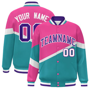 Custom Pink Aqua Purple-White Color Block Bomber Varsity Baseball Jacket