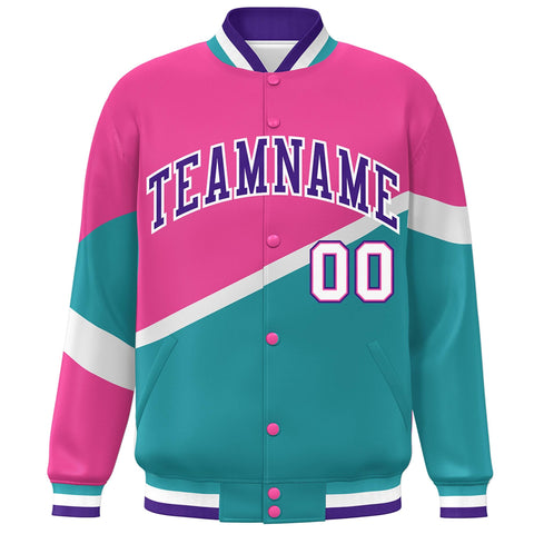 Custom Pink Aqua Purple-White Color Block Bomber Varsity Baseball Jacket