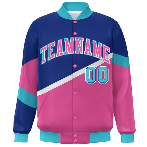 Custom Royal Pink-White Color Block Bomber Varsity Baseball Jacket