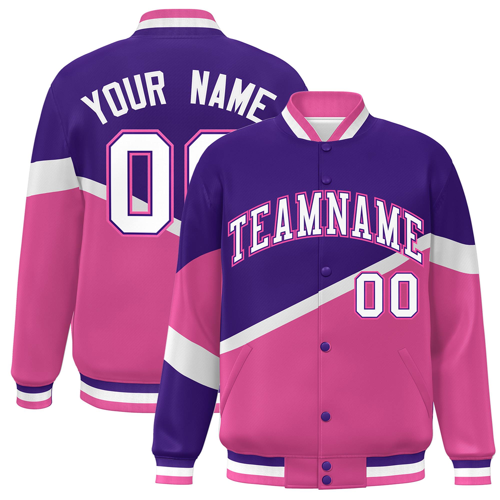 Custom Purple Pink White-Purple Color Block Bomber Varsity Baseball Jacket