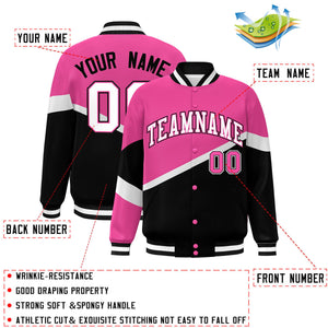 Custom Pink Black White-Pink Color Block Bomber Varsity Baseball Jacket