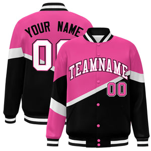 Custom Pink Black White-Pink Color Block Bomber Varsity Baseball Jacket