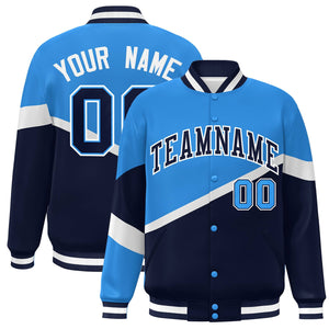 Custom Powder Blue Navy-White Color Block Bomber Varsity Baseball Jacket