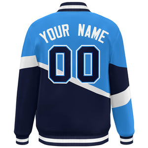 Custom Powder Blue Navy-White Color Block Bomber Varsity Baseball Jacket