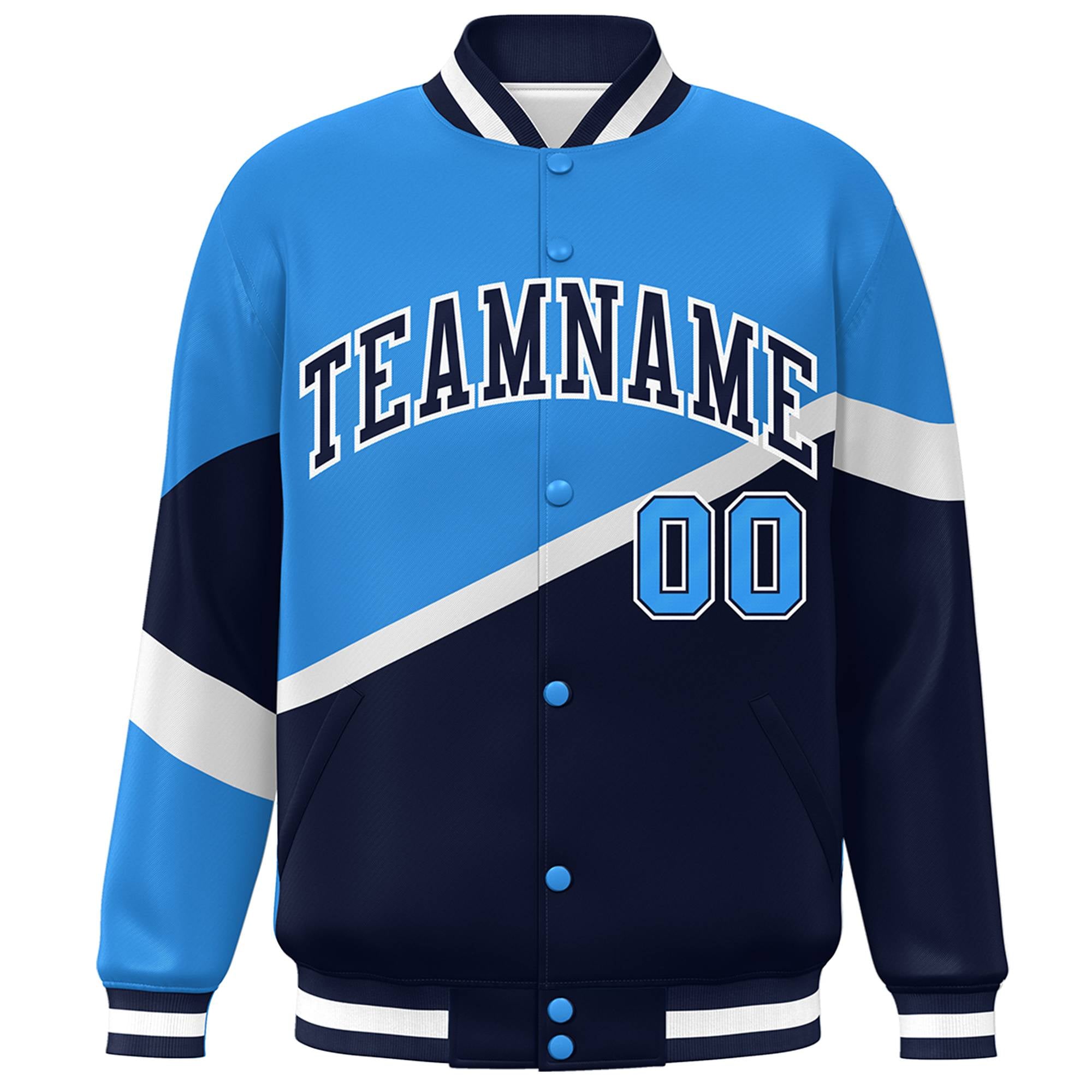 Custom Powder Blue Navy-White Color Block Bomber Varsity Baseball Jacket