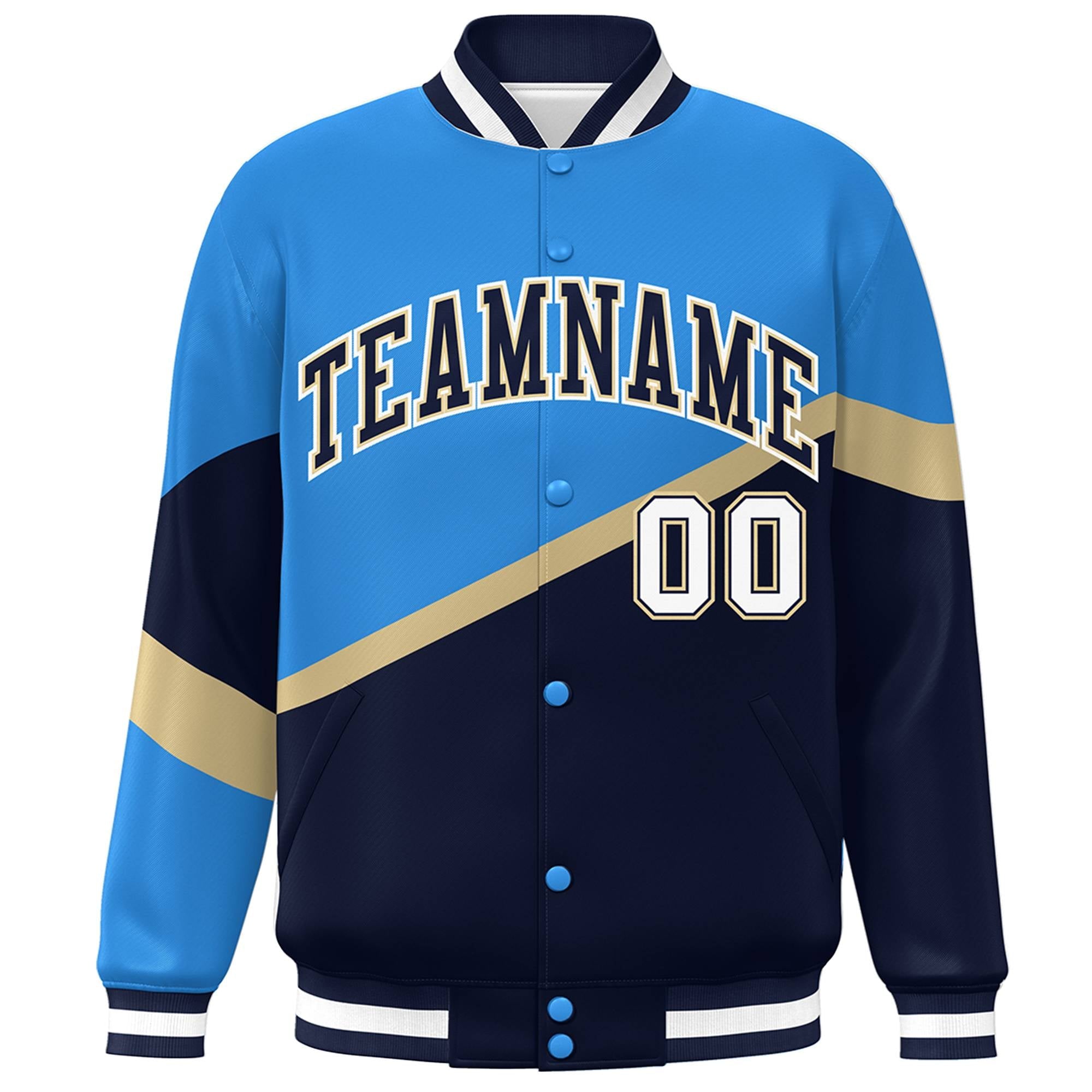 Custom Powder Blue Navy-Khaki Color Block Bomber Varsity Baseball Jacket