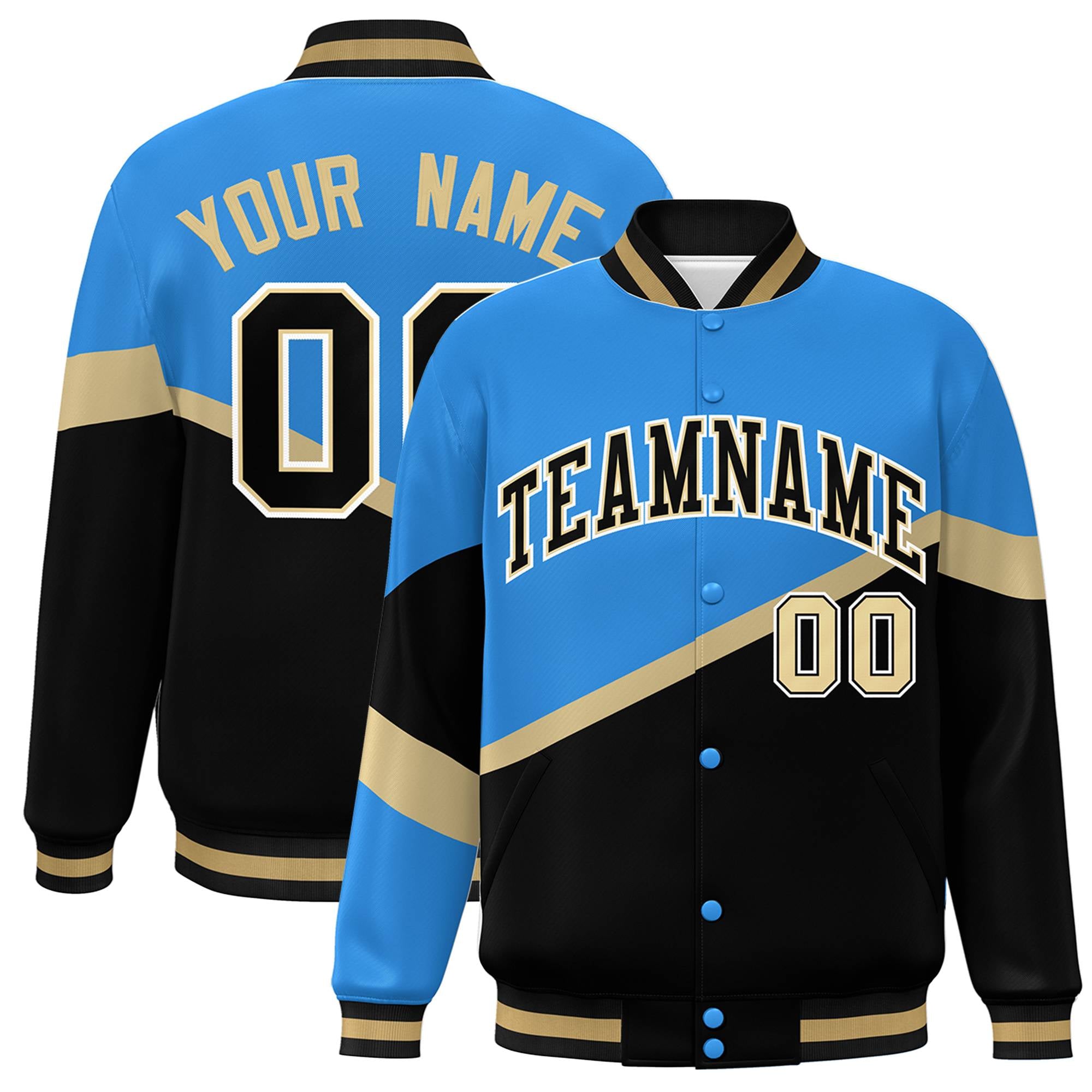 Custom Powder Blue Black-Khaki Color Block Bomber Varsity Baseball Jacket