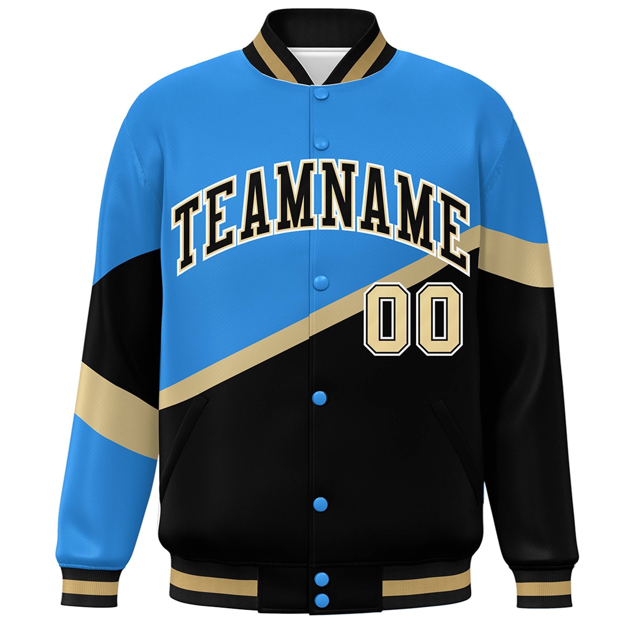 Custom Powder Blue Black-Khaki Color Block Bomber Varsity Baseball Jacket