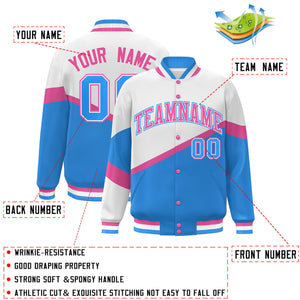 Custom White Powder Blue Pink-White Color Block Bomber Varsity Baseball Jacket