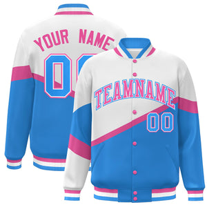 Custom White Powder Blue Pink-White Color Block Bomber Varsity Baseball Jacket