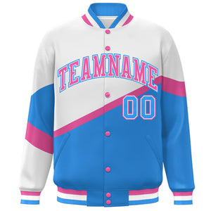 Custom White Powder Blue Pink-White Color Block Bomber Varsity Baseball Jacket