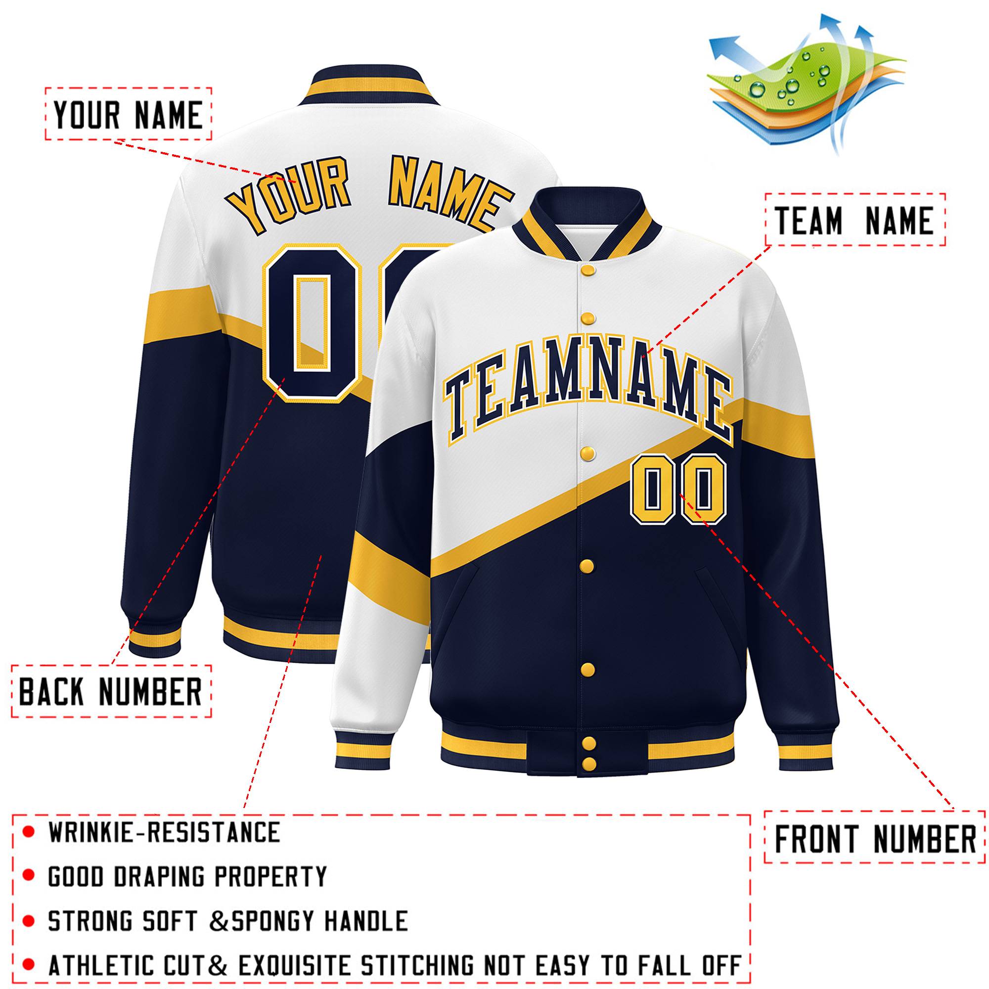 Custom White Navy-White Color Block Bomber Varsity Baseball Jacket